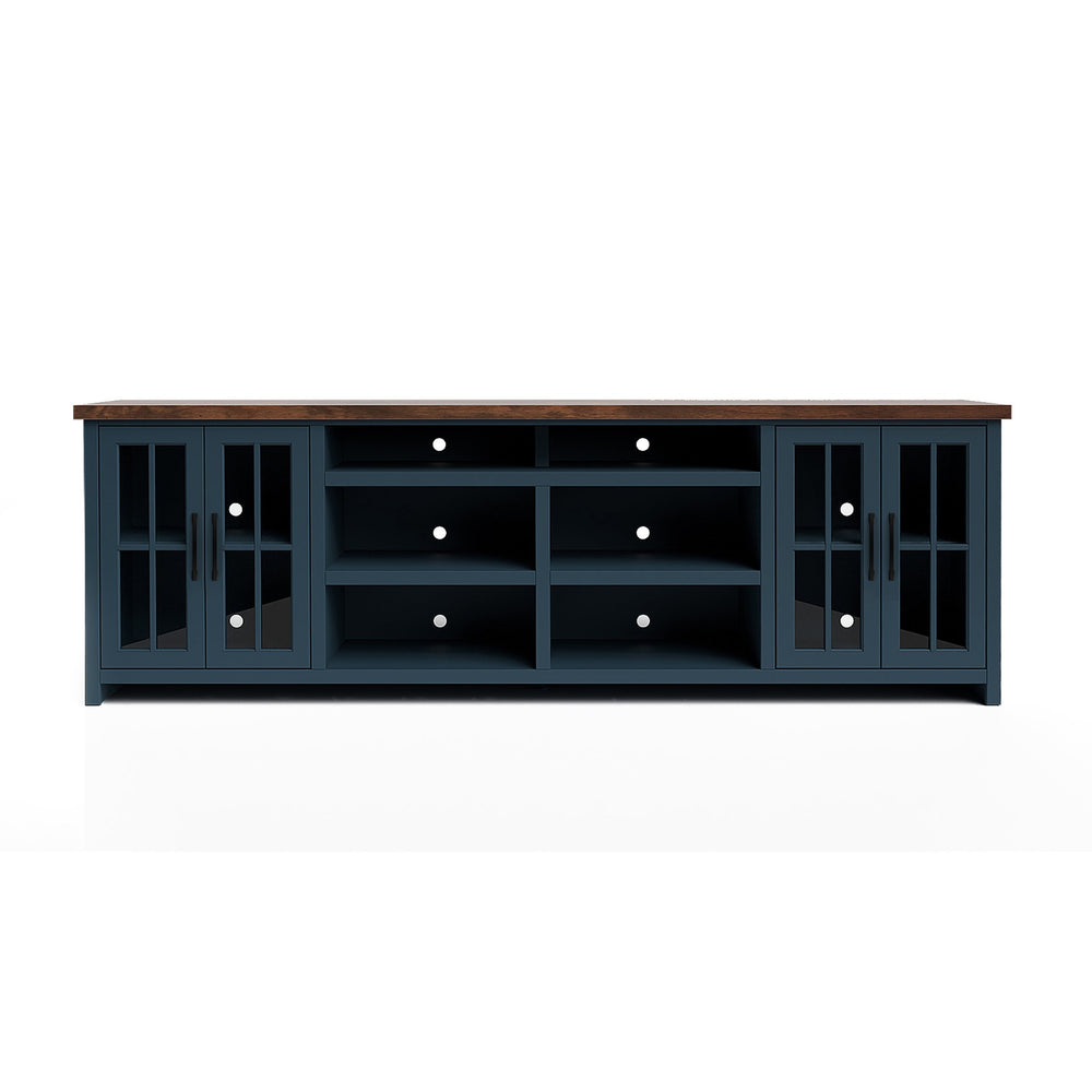 English Elm 96 inch Farmhouse TV Console for TVs up to 100" — Blue Denim & Whiskey Two-Tone, Fully Assembled, Cable Management, Glass Doors and Shelves (Oil-Rubbed Bronze) B108P160178