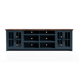 English Elm 96 inch Farmhouse TV Console for TVs up to 100" — Blue Denim & Whiskey Two-Tone, Fully Assembled, Cable Management, Glass Doors and Shelves (Oil-Rubbed Bronze) B108P160178