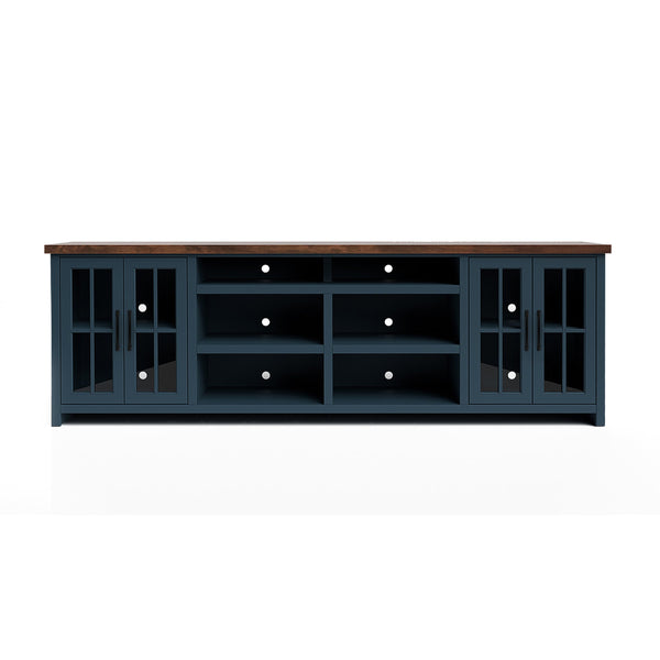 English Elm 96 inch Farmhouse TV Console for TVs up to 100" — Blue Denim & Whiskey Two-Tone, Fully Assembled, Cable Management, Glass Doors and Shelves (Oil-Rubbed Bronze) B108P160178