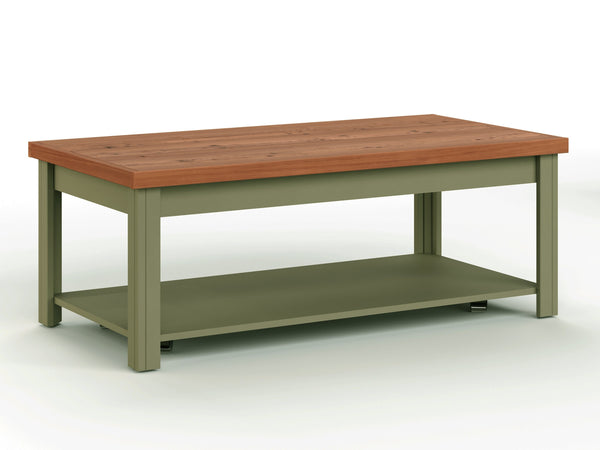 English Elm 48 Rustic Sage Green Coffee Table 48" Two-Tone Fruitwood Finish, Poplar & Alder, Fully Assembled on Casters B108P160214