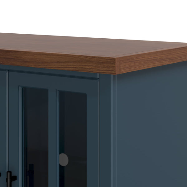 English Elm 96 inch Farmhouse TV Console for TVs up to 100" — Blue Denim & Whiskey Two-Tone, Fully Assembled, Cable Management, Glass Doors and Shelves (Oil-Rubbed Bronze) B108P160178