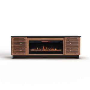 English Elm 86 Inch Electric Fireplace TV Stand Console for TVs up to 95", Two-Tone Bourbon & Black, Storage & Remote Controlled Heat B108P160228