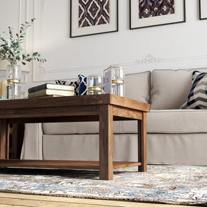 English Elm 48 Inch Coffee Table Whiskey Finish Knotty Alder Solid Veneer Rustic Modern Cocktail Table w/ Wheels B108P160191