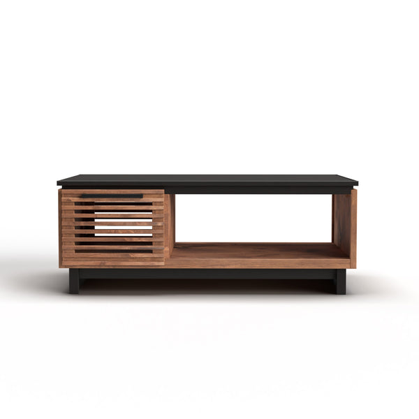 English Elm 47" Scandinavian-Inspired Coffee Table in Bourbon & Black Finish, Poplar/Okume, Concealed Storage, Fully Assembled B108P160164