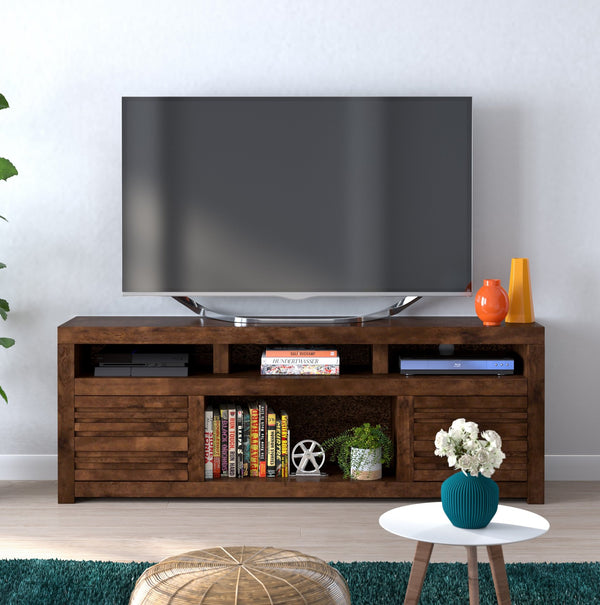 English Elm 72 72 inch TV Stand Console for TVs up to 85", Whiskey Knotty Alder, Pre-Assembled, Rustic Chic Storage B108P160186