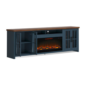 English Elm 97 Inch Fireplace TV Stand Console - Two-Tone Blue Denim & Whiskey, Poplar/Alder Build, 100" TV, 42" Electric Insert, Remote, Cable Mgmt B108P160235
