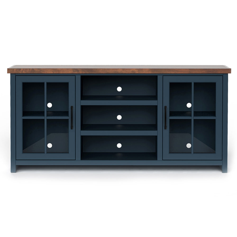 English Elm 67 Inch TV Stand Console Modern Farmhouse Two-Tone Jasmine Barnwood Finish Fully Assembled Storage and Cable Management for TVs Up to 80 Inches Blue B108P160177