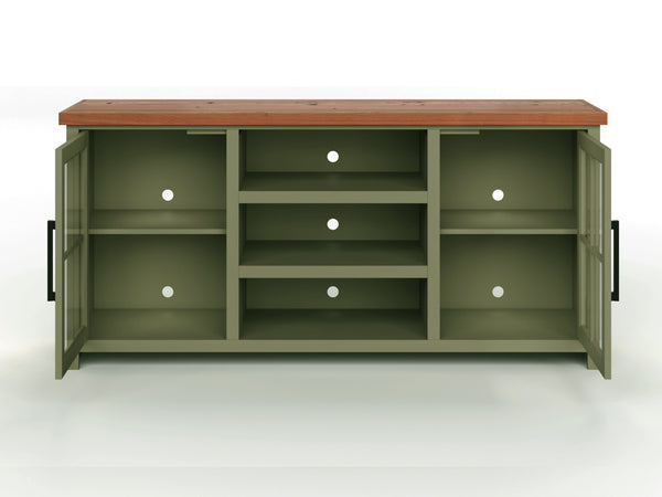 English Elm 67 Inch TV Console - Sage Green & Fruitwood Two-Tone, Fully Assembled, Glass Doors, Cable Management (Fits up to 80") B108P160211
