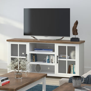 English Elm 67 Inch TV Stand Console Modern Farmhouse Two-Tone Jasmine Barnwood Finish Fully Assembled Storage and Cable Management for TVs Up to 80 Inches White B108P160165
