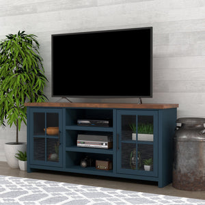 English Elm 67 Inch TV Stand Console Modern Farmhouse Two-Tone Jasmine Barnwood Finish Fully Assembled Storage and Cable Management for TVs Up to 80 Inches Blue B108P160177