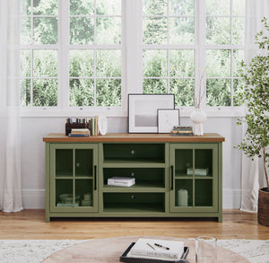 English Elm 67 Inch TV Console - Sage Green & Fruitwood Two-Tone, Fully Assembled, Glass Doors, Cable Management (Fits up to 80") B108P160211