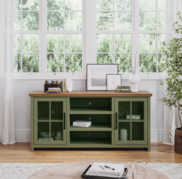 English Elm 67 Inch TV Console - Sage Green & Fruitwood Two-Tone, Fully Assembled, Glass Doors, Cable Management (Fits up to 80") B108P160211