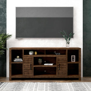 English Elm 74 Inch TV Console Whiskey Finish for TVs up to 85" — Knotty Alder, 6 Shelves, Slat Doors, No Assembly Needed B108P160189