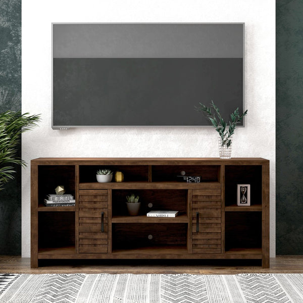 English Elm 74 Inch TV Console Whiskey Finish for TVs up to 85" — Knotty Alder, 6 Shelves, Slat Doors, No Assembly Needed B108P160189