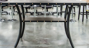 English Elm Modern Counter Height Dining Set 7pc – Natural Wood Table, 6 Gray Fabric Nailhead Chairs, Storage Shelf Elegance B011S00768