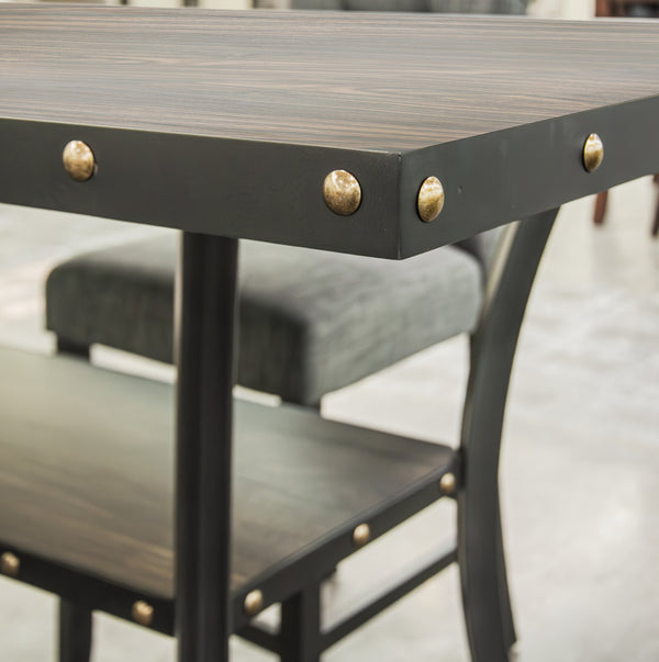 English Elm Modern Counter Height Dining Set 7pc – Natural Wood Table, 6 Gray Fabric Nailhead Chairs, Storage Shelf Elegance B011S00768