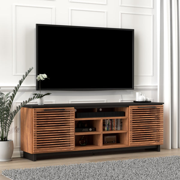 English Elm 85 Inch TV Stand Console Scandinavian Poplar & Okume Two-Tone Bourbon Black, No Assembly, Fits 95" TVs, Cable Management, Ample Storage (Fully Assembled) B108P160163