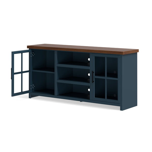 English Elm 67 Inch TV Stand Console Modern Farmhouse Two-Tone Jasmine Barnwood Finish Fully Assembled Storage and Cable Management for TVs Up to 80 Inches Blue B108P160177