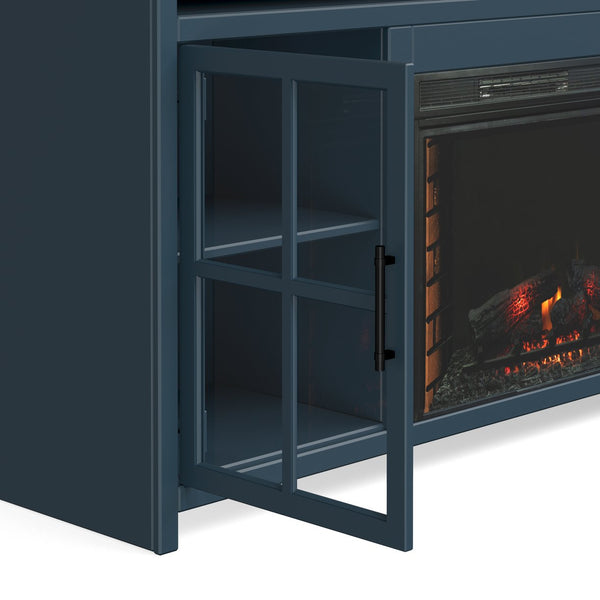 English Elm 74 Rustic Blue Denim & Whiskey Fireplace TV Stand for TVs to 85", Electric Insert, Storage, Farmhouse Charm B108P160234