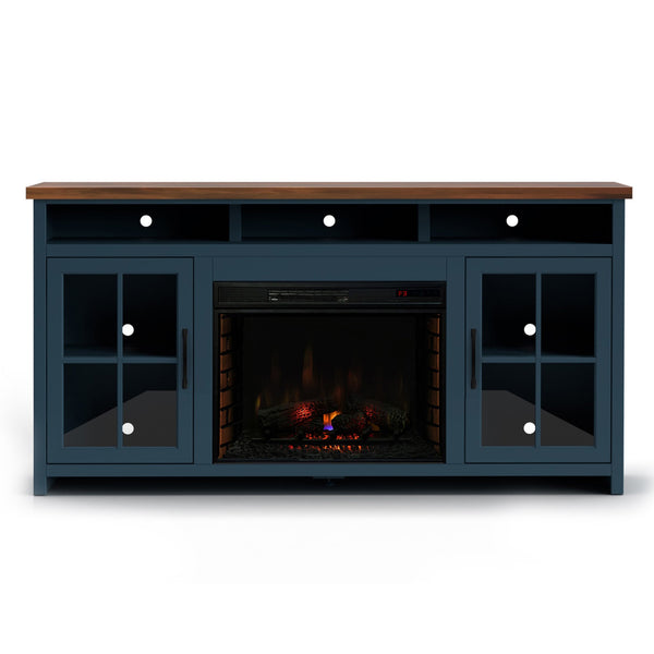 English Elm 74 Rustic Blue Denim & Whiskey Fireplace TV Stand for TVs to 85", Electric Insert, Storage, Farmhouse Charm B108P160234