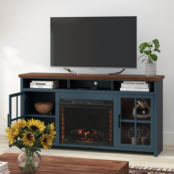 English Elm 74 Rustic Blue Denim & Whiskey Fireplace TV Stand for TVs to 85", Electric Insert, Storage, Farmhouse Charm B108P160234