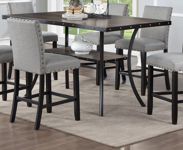 English Elm Modern Counter Height Dining Set 7pc – Natural Wood Table, 6 Gray Fabric Nailhead Chairs, Storage Shelf Elegance B011S00768