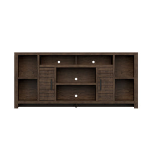 English Elm 74 Inch TV Console Whiskey Finish for TVs up to 85" — Knotty Alder, 6 Shelves, Slat Doors, No Assembly Needed B108P160189