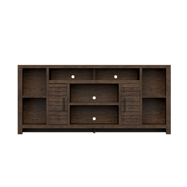 English Elm 74 Inch TV Console Whiskey Finish for TVs up to 85" — Knotty Alder, 6 Shelves, Slat Doors, No Assembly Needed B108P160189