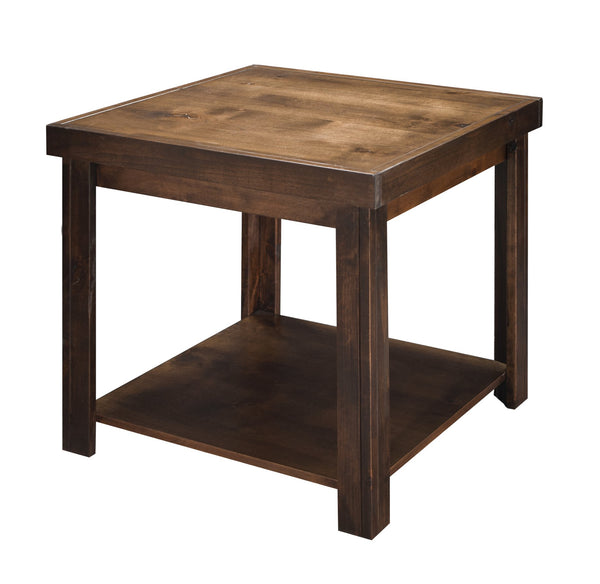 English Elm 24 inch Side Table Knotty Alder Whiskey Finish Rustic Modern End Table with Lower Shelf, Pre-Assembled B108P160190