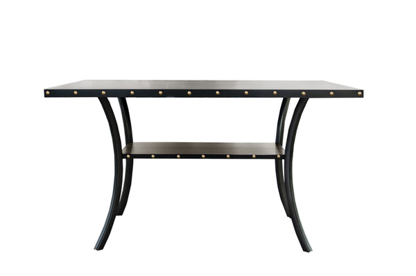 English Elm Modern Counter Height Dining Set 7pc – Natural Wood Table, 6 Gray Fabric Nailhead Chairs, Storage Shelf Elegance B011S00768