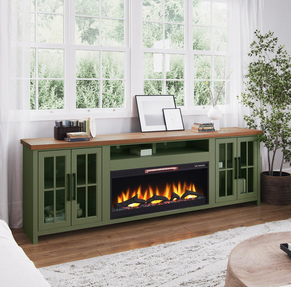 English Elm 97 Inch Fireplace Console for TVs to 100" Sage Green & Fruitwood, Electric Fireplace, Storage Space B108P160247