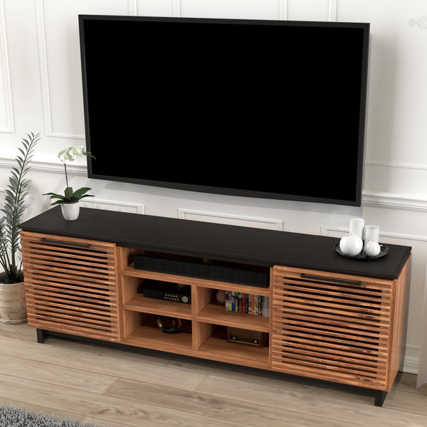 English Elm 85 Inch TV Stand Console Scandinavian Poplar & Okume Two-Tone Bourbon Black, No Assembly, Fits 95" TVs, Cable Management, Ample Storage (Fully Assembled) B108P160163