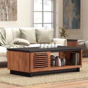 English Elm 47" Scandinavian-Inspired Coffee Table in Bourbon & Black Finish, Poplar/Okume, Concealed Storage, Fully Assembled B108P160164