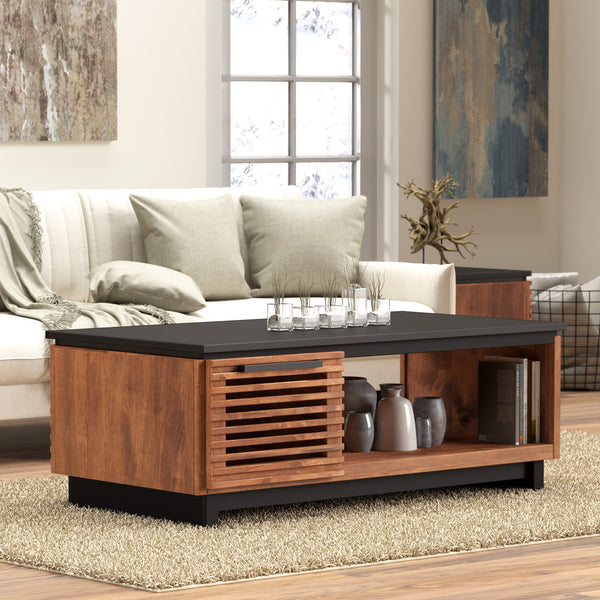 English Elm 47" Scandinavian-Inspired Coffee Table in Bourbon & Black Finish, Poplar/Okume, Concealed Storage, Fully Assembled B108P160164