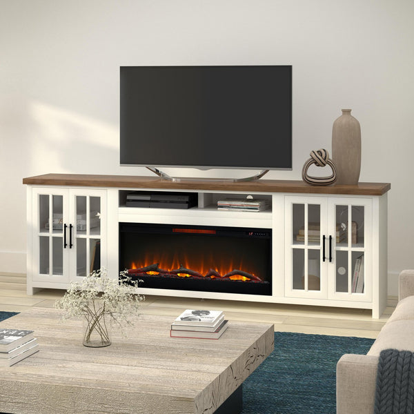 English Elm 97 Inch Fireplace TV Stand Console for TVs up to 100" — Two-Tone Jasmine Whitewash & Barnwood, 42" Electric Insert, Storage and Cable Management B108P160230