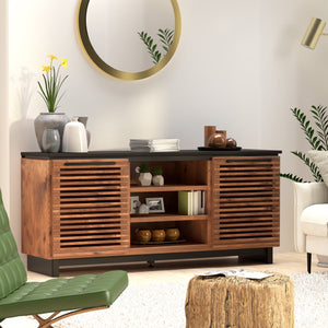 English Elm 63 Inch TV Stand Console for TVs up to 70" — Fully Assembled Two-Tone Bourbon & Black, Storage, Cable Management B108P160162