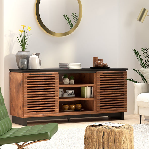 English Elm 63 Inch TV Stand Console for TVs up to 70" — Fully Assembled Two-Tone Bourbon & Black, Storage, Cable Management B108P160162