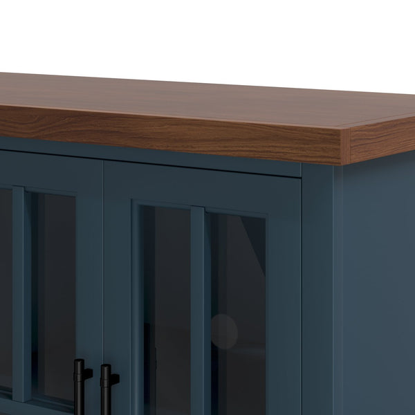 English Elm 97 Inch Fireplace TV Stand Console - Two-Tone Blue Denim & Whiskey, Poplar/Alder Build, 100" TV, 42" Electric Insert, Remote, Cable Mgmt B108P160235