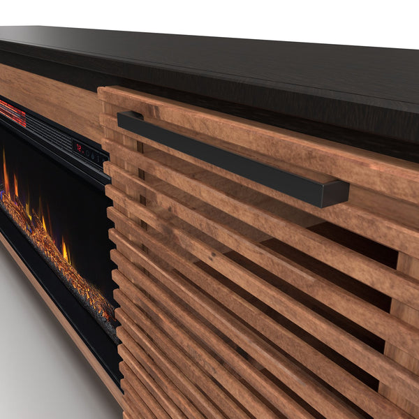 English Elm 86 Inch Electric Fireplace TV Stand Console for TVs up to 95", Two-Tone Bourbon & Black, Storage & Remote Controlled Heat B108P160228