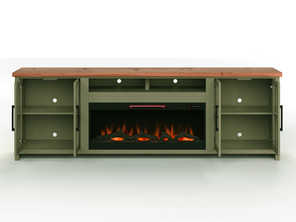 English Elm 97 Inch Fireplace Console for TVs to 100" Sage Green & Fruitwood, Electric Fireplace, Storage Space B108P160247