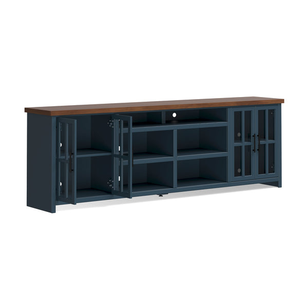 English Elm 96 inch Farmhouse TV Console for TVs up to 100" — Blue Denim & Whiskey Two-Tone, Fully Assembled, Cable Management, Glass Doors and Shelves (Oil-Rubbed Bronze) B108P160178