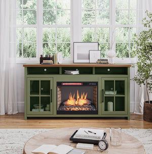 English Elm 74 Inch Fireplace TV Stand Console for TVs up to 85", Sage Green & Fruitwood, Electric Insert, Storage B108P160246