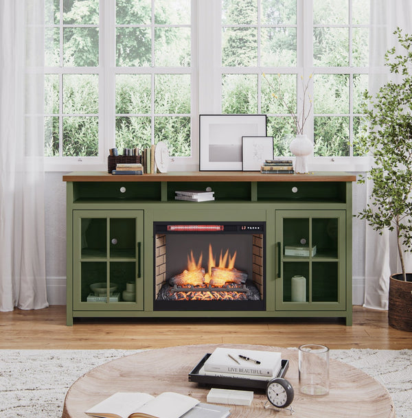 English Elm 74 Inch Fireplace TV Stand Console for TVs up to 85", Sage Green & Fruitwood, Electric Insert, Storage B108P160246
