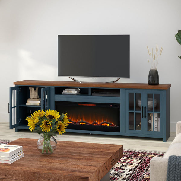 English Elm 97 Inch Fireplace TV Stand Console - Two-Tone Blue Denim & Whiskey, Poplar/Alder Build, 100" TV, 42" Electric Insert, Remote, Cable Mgmt B108P160235