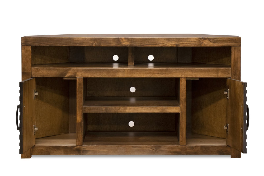 English Elm 52 Inch Corner TV Stand Console for TVs up to 55, Whiskey Knotty Alder Finish, No Assembly Needed B108P160088