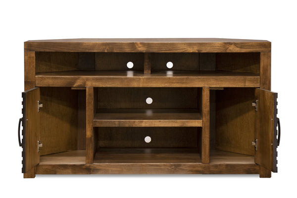 English Elm 52 Inch Corner TV Stand Console for TVs up to 55, Whiskey Knotty Alder Finish, No Assembly Needed B108P160088