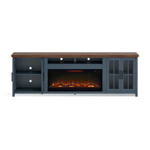 English Elm 97 Inch Fireplace TV Stand Console - Two-Tone Blue Denim & Whiskey, Poplar/Alder Build, 100" TV, 42" Electric Insert, Remote, Cable Mgmt B108P160235