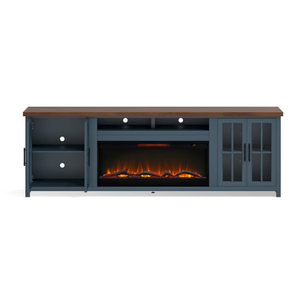 English Elm 97 Inch Fireplace TV Stand Console - Two-Tone Blue Denim & Whiskey, Poplar/Alder Build, 100" TV, 42" Electric Insert, Remote, Cable Mgmt B108P160235