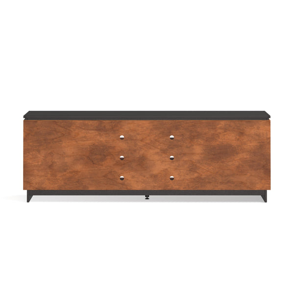 English Elm 85 Inch TV Stand Console Scandinavian Poplar & Okume Two-Tone Bourbon Black, No Assembly, Fits 95" TVs, Cable Management, Ample Storage (Fully Assembled) B108P160163