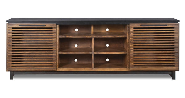 English Elm 85 Inch TV Stand Console Scandinavian Poplar & Okume Two-Tone Bourbon Black, No Assembly, Fits 95" TVs, Cable Management, Ample Storage (Fully Assembled) B108P160163